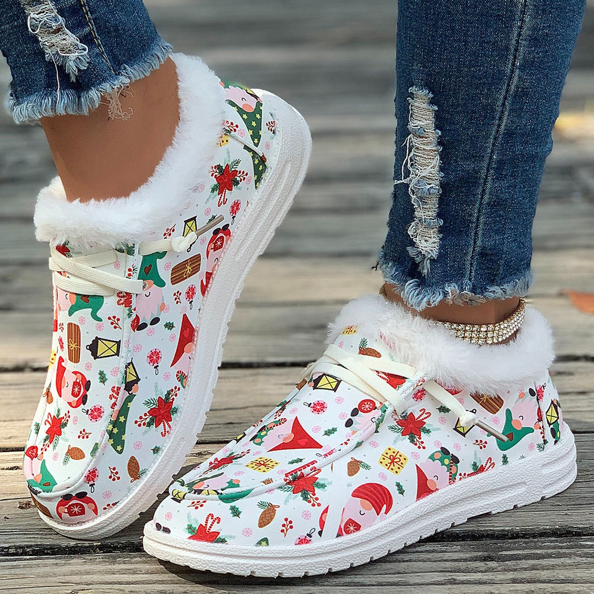 Wholesale Christmas Printed Winter Lace Up Plush Flat Bottomed Cotton Shoes